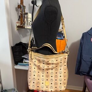 Authentic MCM Beige Monogram Shoulder Bag